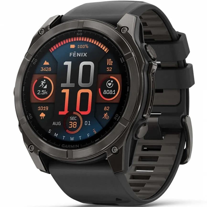 Смарт-часы Garmin Fenix 8 Amoled - 51 mm Sapphire, Угольно-серый с DLC-покрытием, пепельно-серый силиконовый ремешок