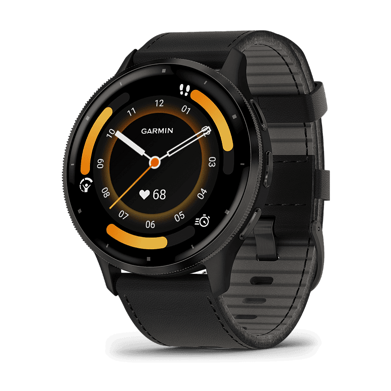 Смарт-часы Garmin Venu 3 - 45 mm, Черный, серый безель, серый кожаный ремешок